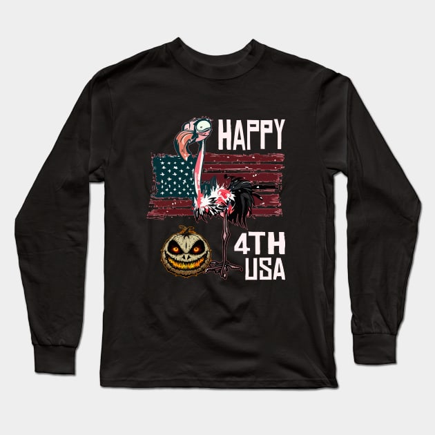 Scary Halloween Pumpkin Flamingo Happy 4th Usa American Flag July Fourth Long Sleeve T-Shirt by Outrageous Flavors